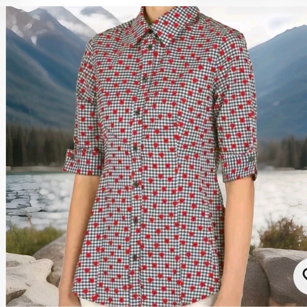 $245 NWT Etcetera Red heart and White Patterned Blouse